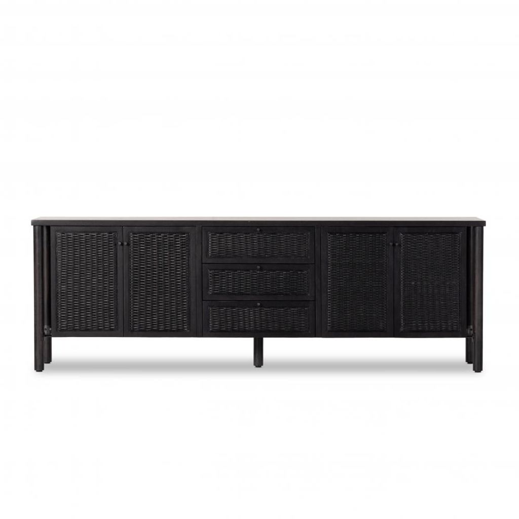 Preview image for Black Cane & Solid Mango Wood Media Console Storage Cabinet 82 inch