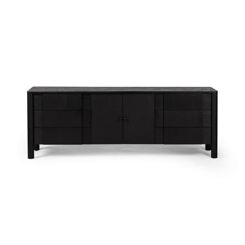 Brushed Ebony Black Oak Wood Media Console Storage Cabinet 78 inch