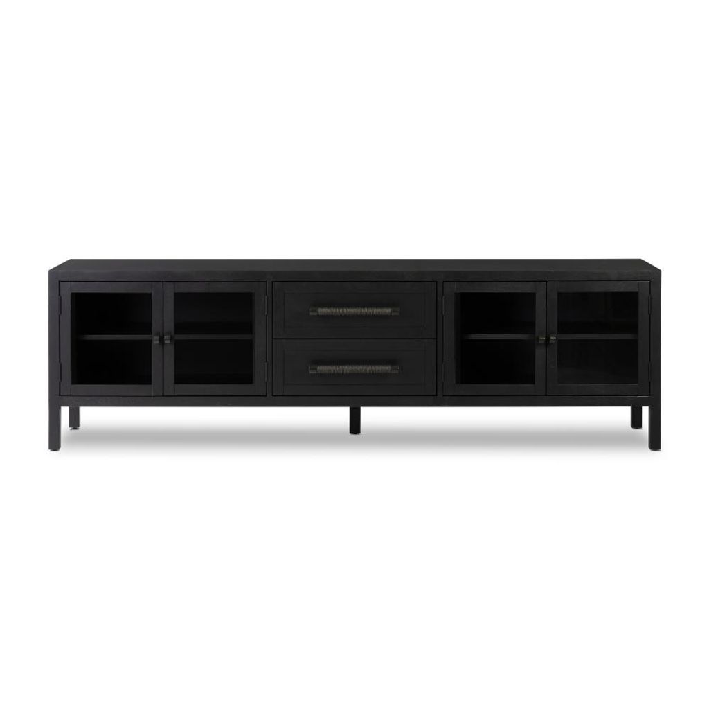 Preview image for Black Oak Wood & Glass Door Low Profile Media Console Storage Cabinet 83 inch