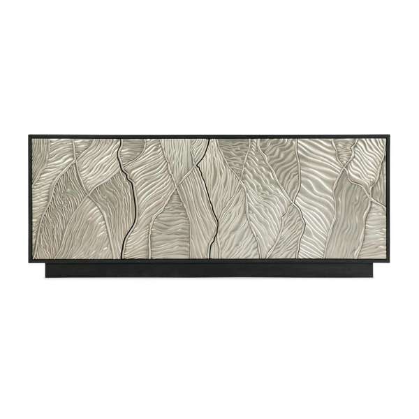 Silver Sculpted Doors & Black Wood Media Console Sideboard Storage Cabinet 80 inch