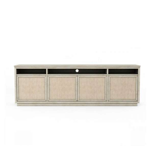 Coastal Beach Fabric Wrapped Doors & Light Wood Media Console Cabinet 96 inch