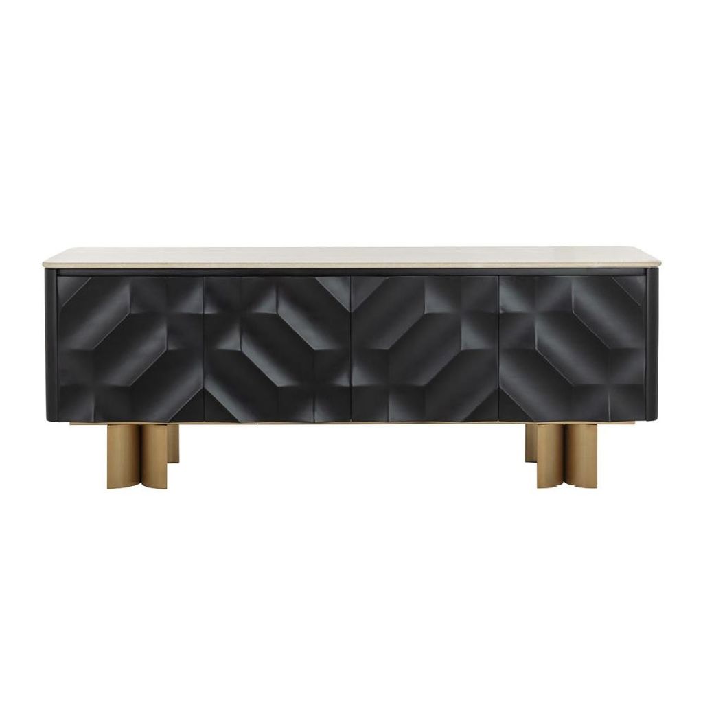 Preview image for Cream Marble Top & Black Sculpted Sideboard Media Console Storage Cabinet 82 inch