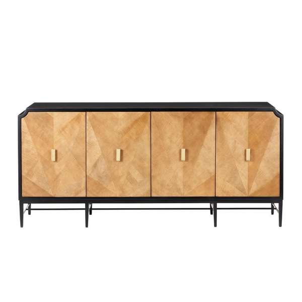Taupe Figured Sycamore Doors & Black Wood Credenza Sideboard Storage Cabinet 80 inch