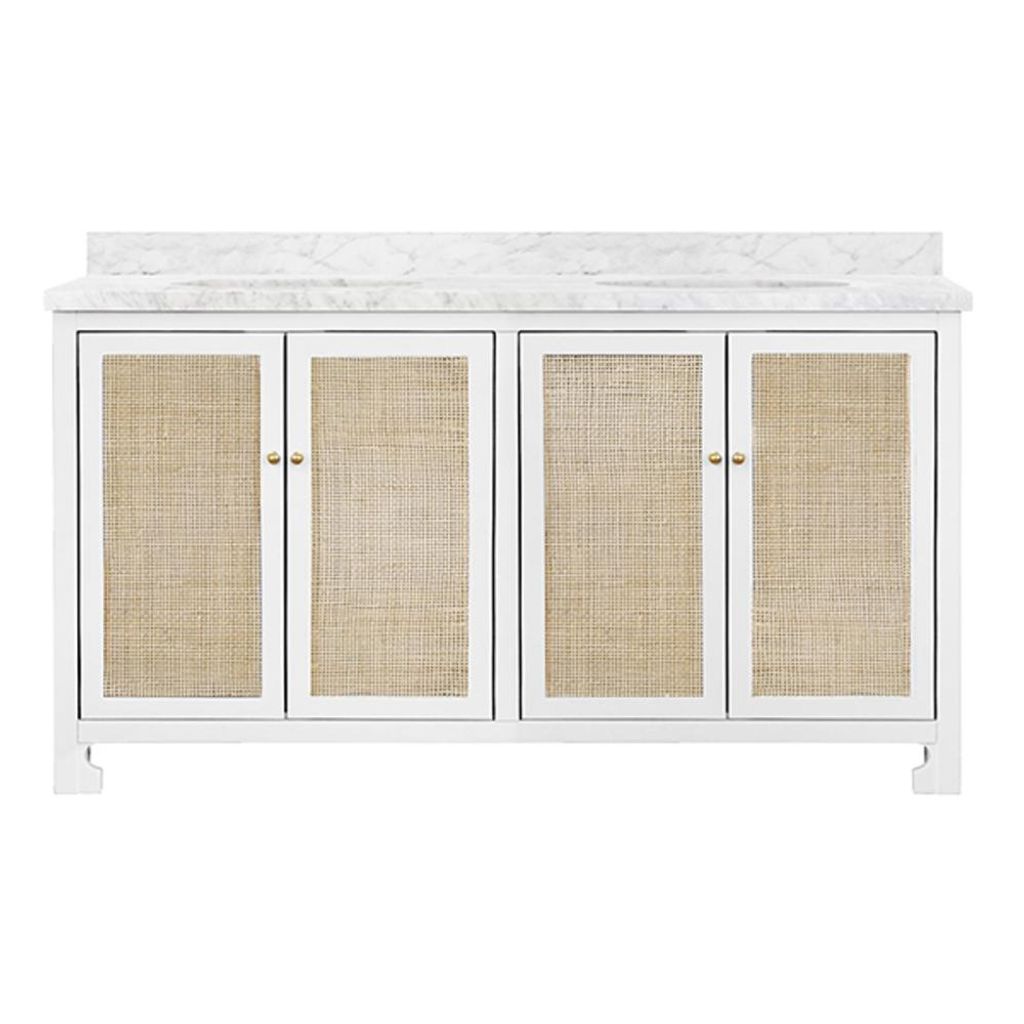 Preview image for Natural Cane & Marble White Lacquer Double Sink Bathroom Vanity 60 inch