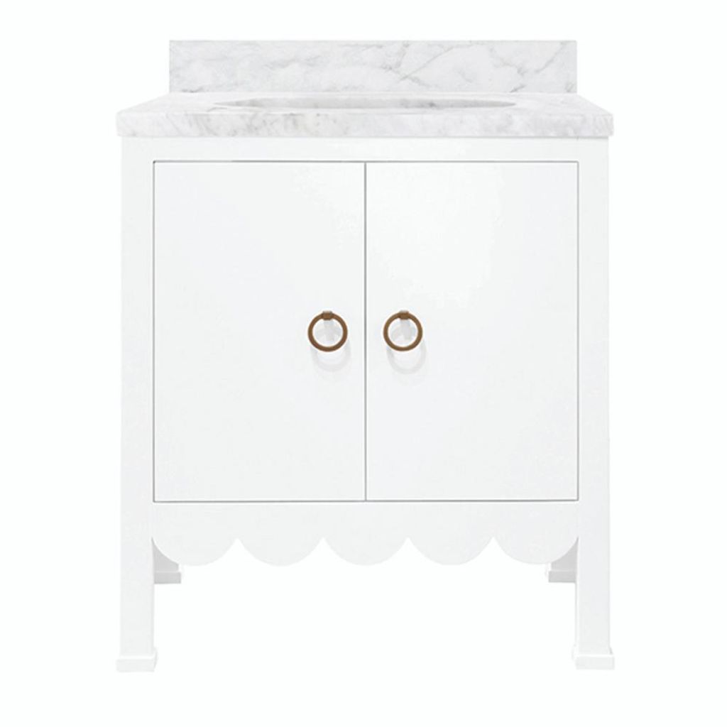 Preview image for Carrara Marble Top Scallop Edge White Lacquer Single Bathroom Sink Vanity 30 inch