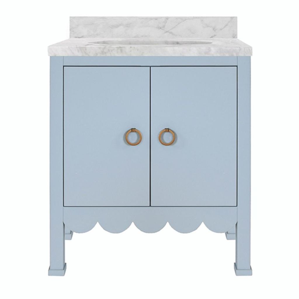 Preview image for Carrara Marble Top Scallop Edge Light Blue Lacquer Single Bathroom Sink Vanity 30 inch