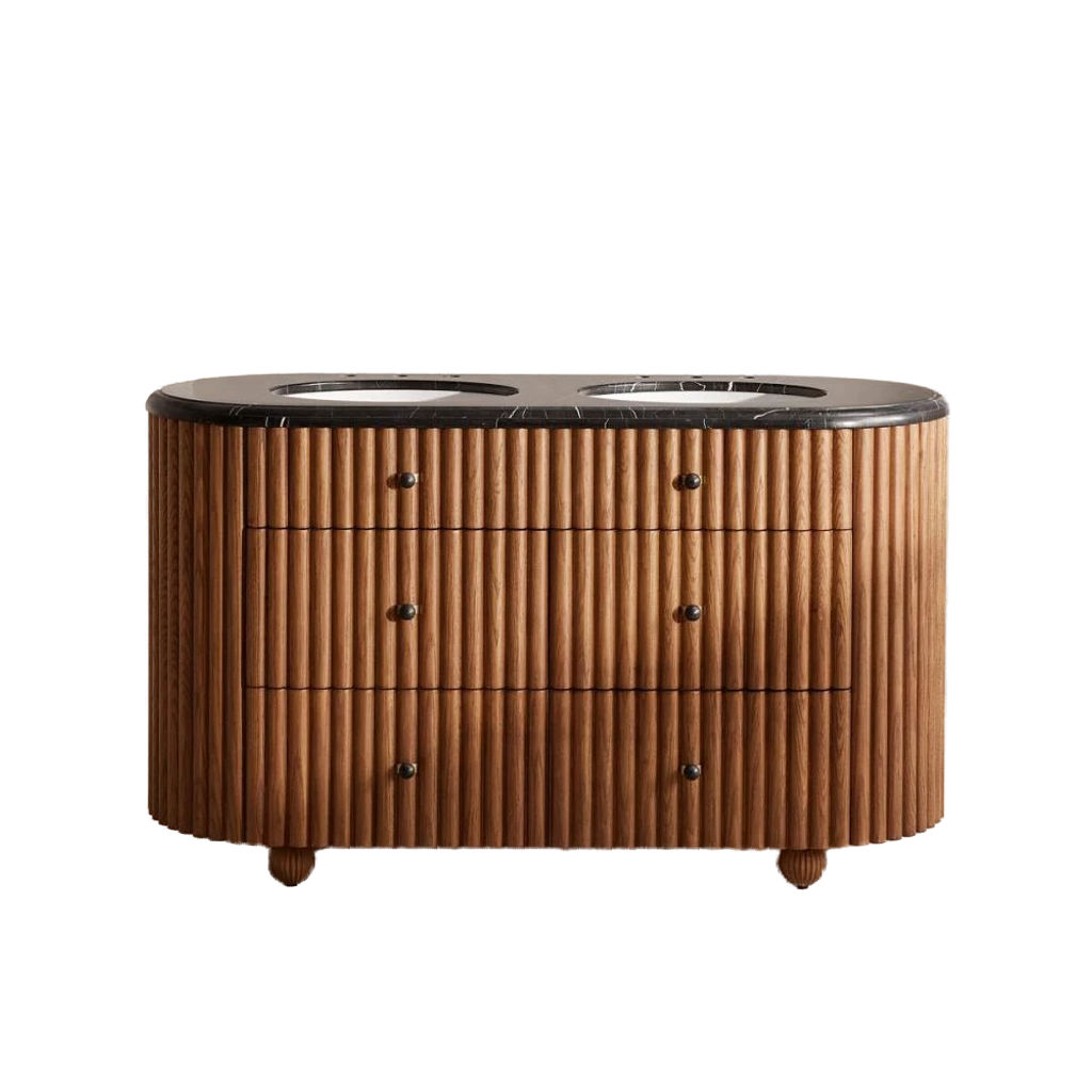 Preview image for Curved Black Marquina Marble Reeded Oak Wood Double Sink Bathroom Vanity 59 inch