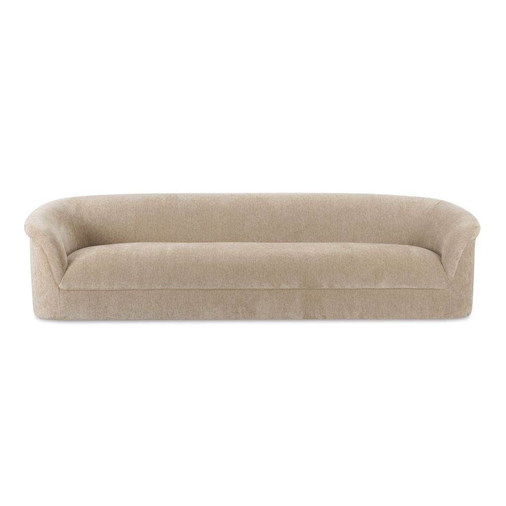 Preview image for Beige Velvet Curved Fully Upholostered Tight Back Bench Seat Sofa 109 inch