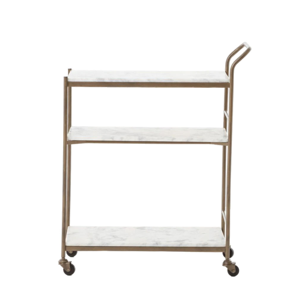 Preview image for Three Tier White Marble & Antique Brass Bar Cart Server with Wheels