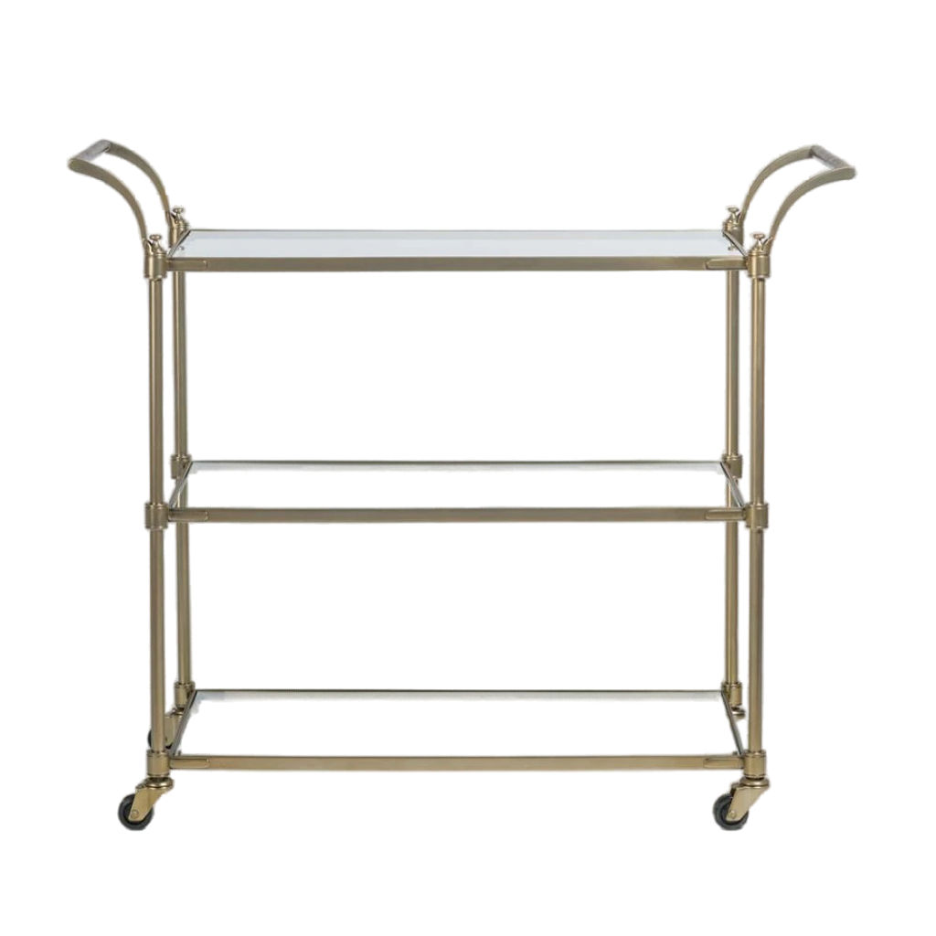 Preview image for Three Tier Antique Brass & Glass Rectangle Bar Cart Server with Wheels