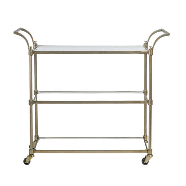 Three Tier Antique Brass & Glass Rectangle Bar Cart Server with Wheels