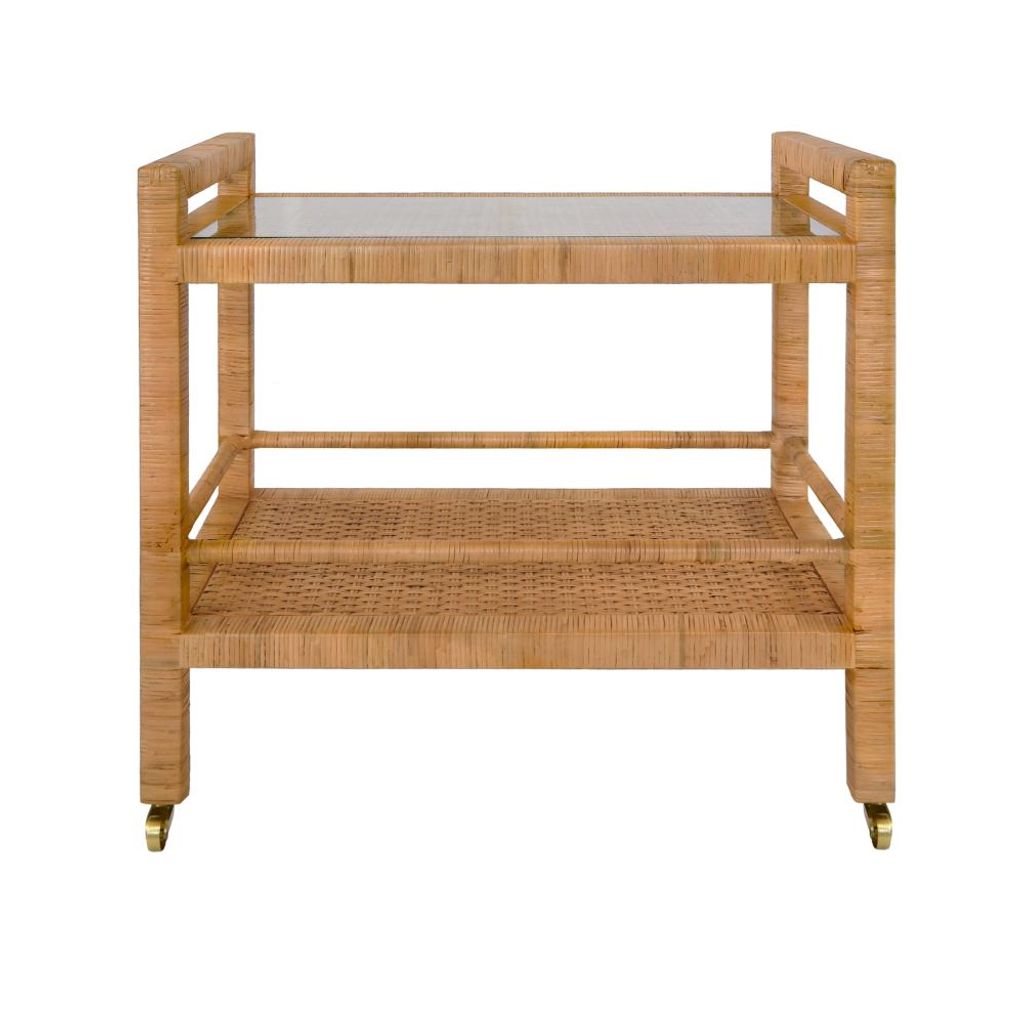 Coastal Natural Rattan Two Tier Rectangle Glass Top Bar Cart Server with Casters