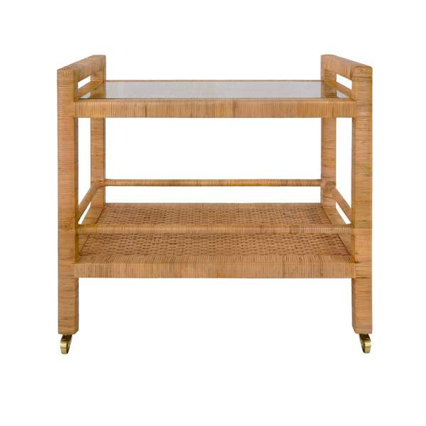 Coastal Natural Rattan Two Tier Rectangle Glass Top Bar Cart Server with Casters