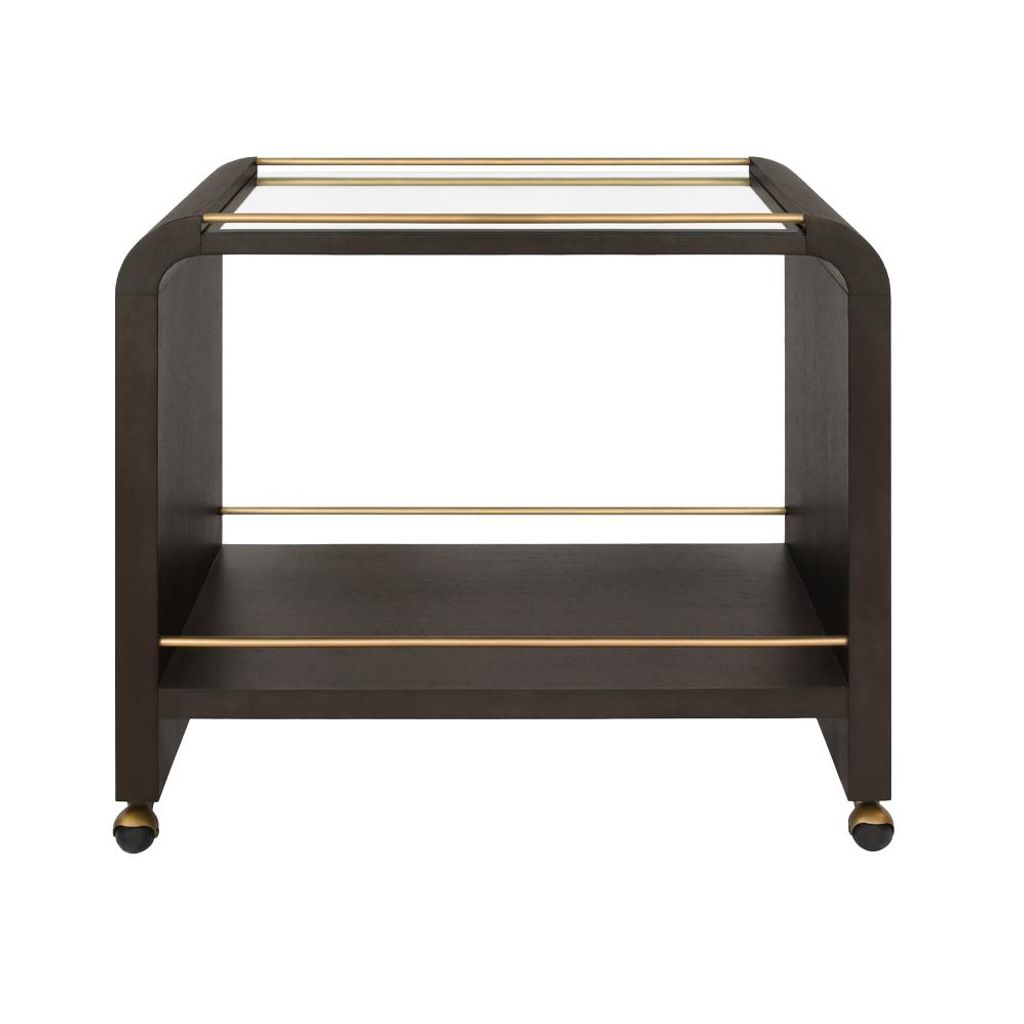 Dark Brown Oak Wood Glass Top Curved Bar Cart Server with Wheels