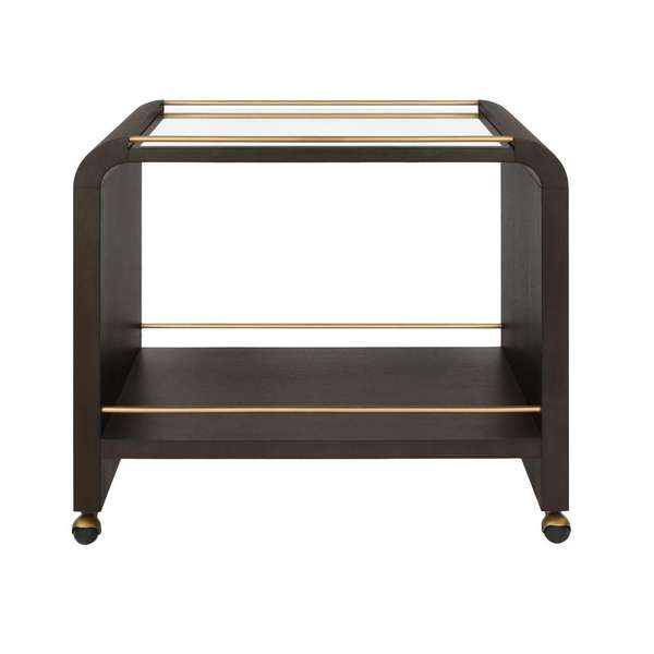Dark Brown Oak Wood Glass Top Curved Bar Cart Server with Wheels