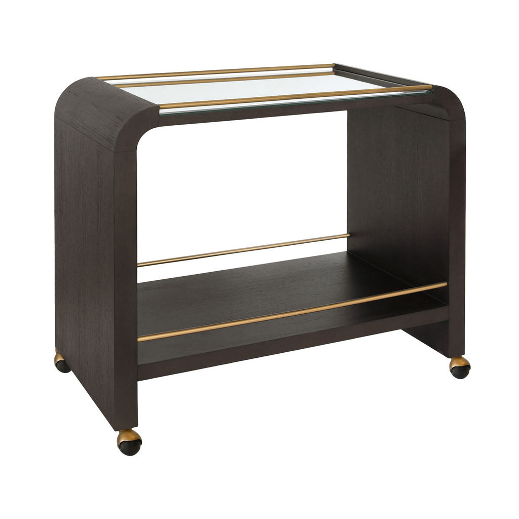 Dark Brown Oak Wood Glass Top Curved Bar Cart Server with Wheels