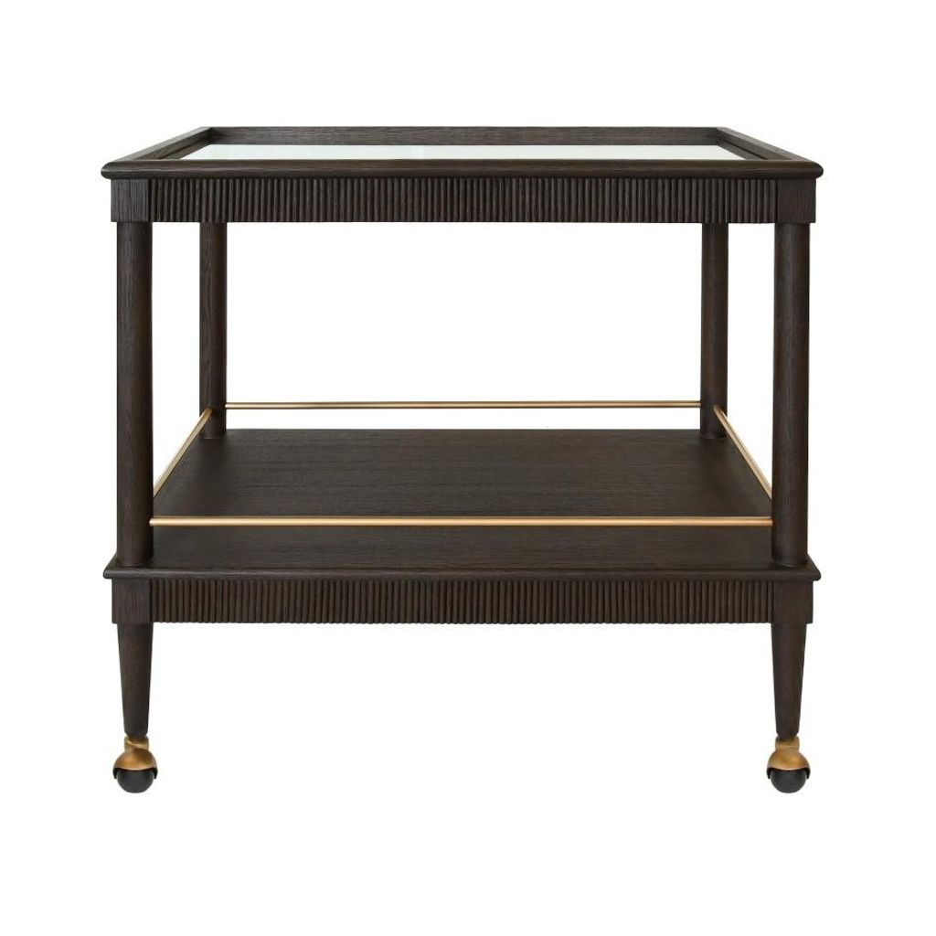 Dark Brown Oak Wood Reeded Rectangle Glass Top Bar Cart Server with Wheels