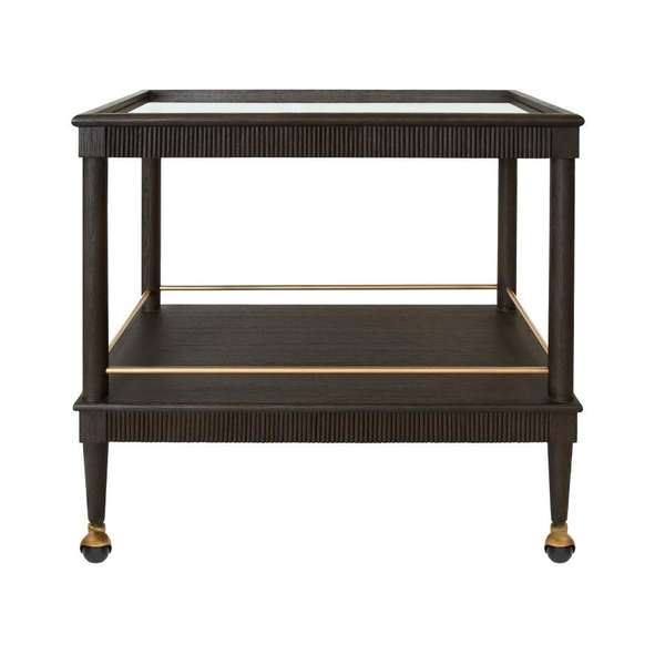 Dark Brown Oak Wood Reeded Rectangle Glass Top Bar Cart Server with Wheels