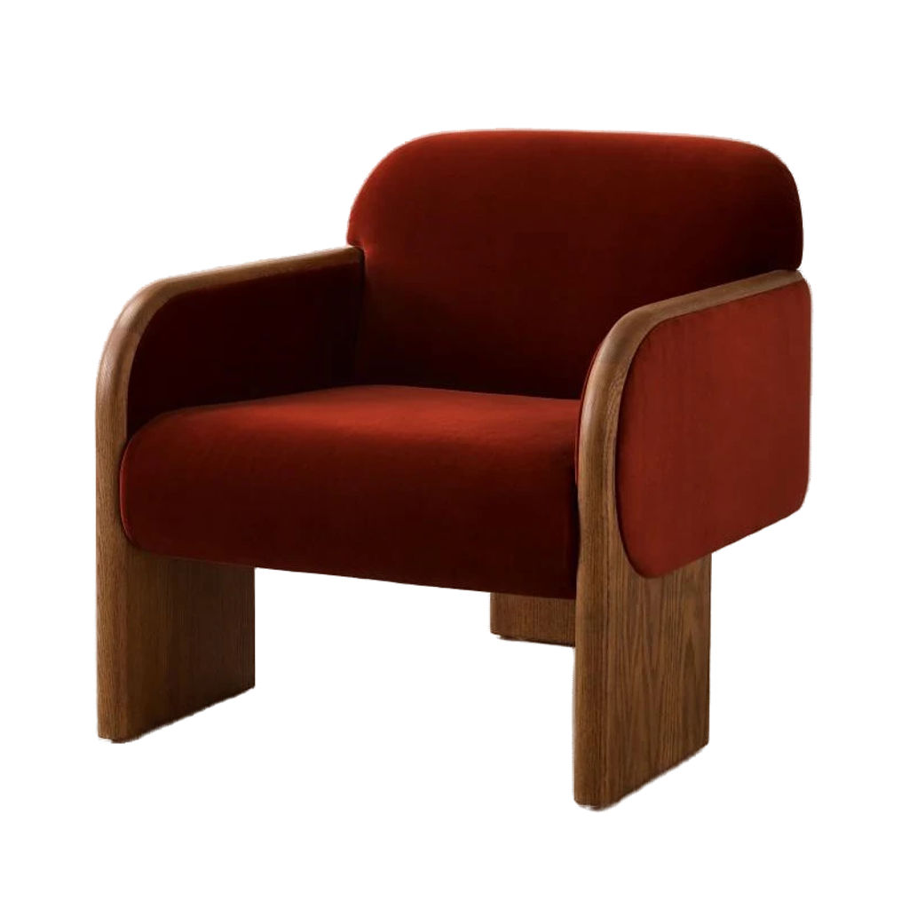 Preview image for Rust Velvet Curved Back Three Leg Oak Wood Accent Lounge Chair