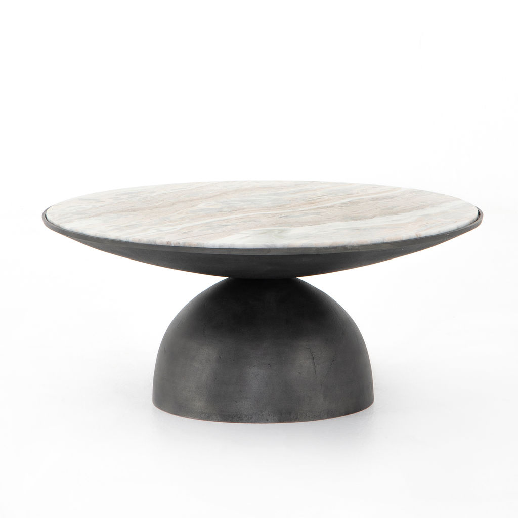 Preview image for Round Pedestal Coffee Table Cream Taupe Marble Top Gray Aluminum Base 35 inch
