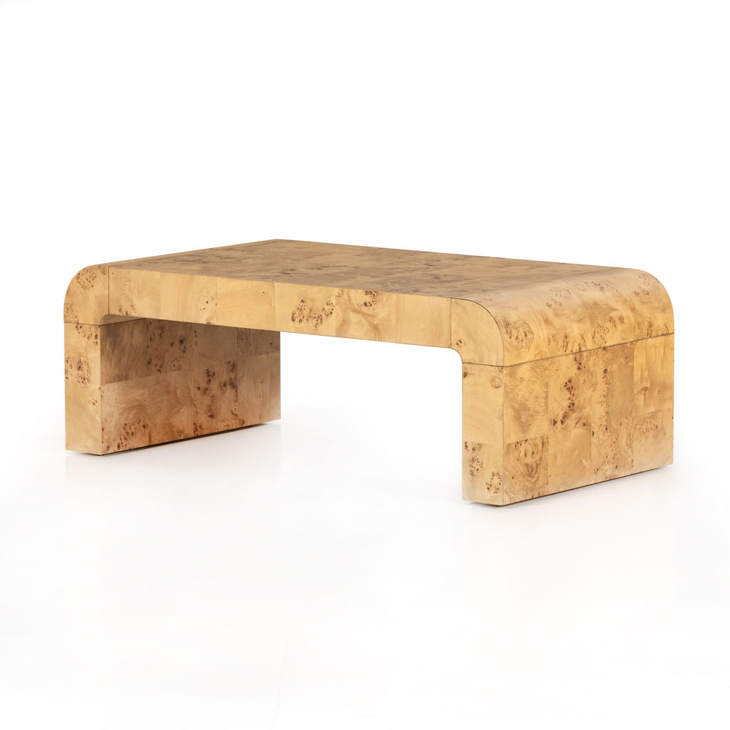 Preview image for Modern Curved Waterfall Rectangle Coffee Table Poplar Burl Wood Veneer Natural Finish 45 inch