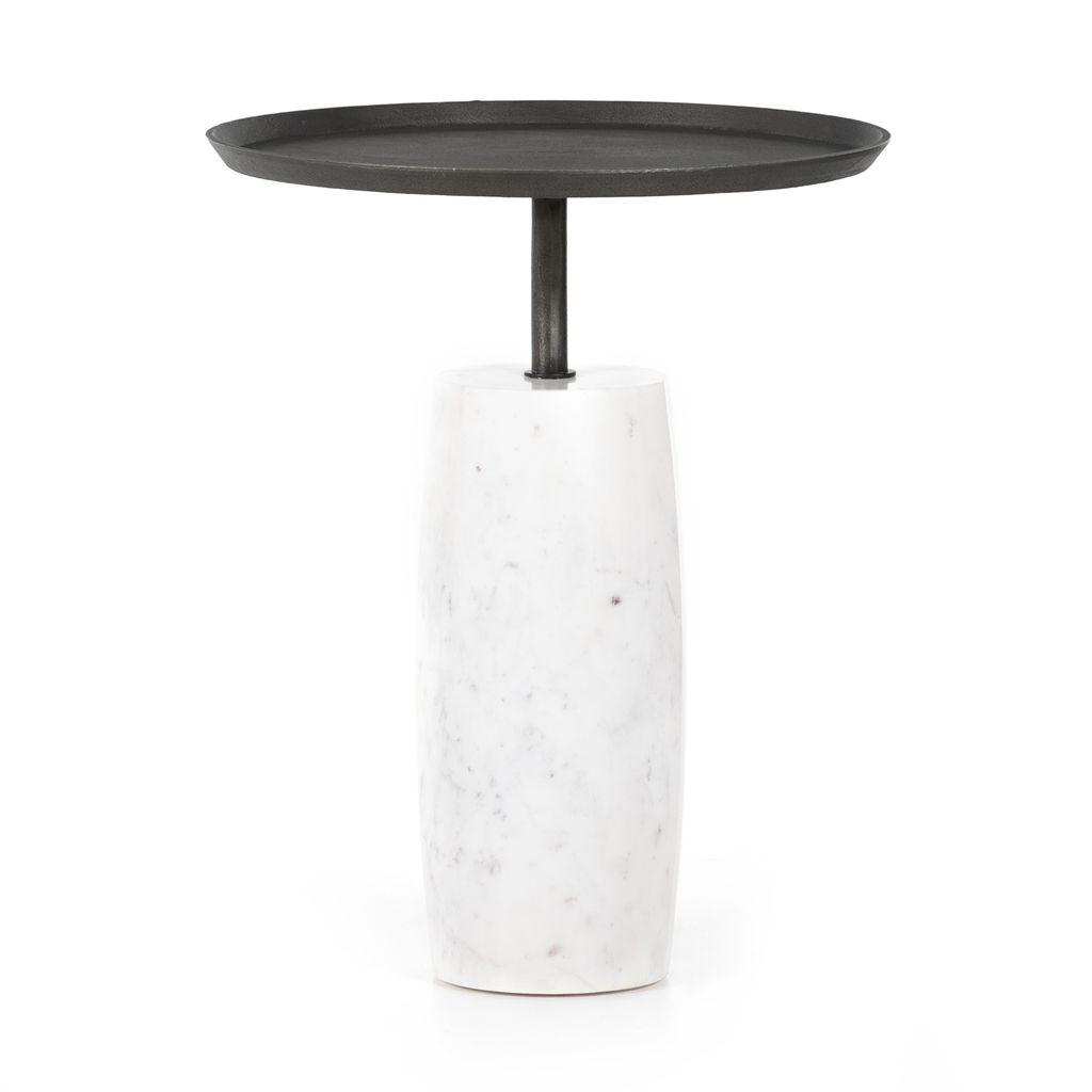 Accent End Table Polished White Marble Base + Grey Hammered Iron Top