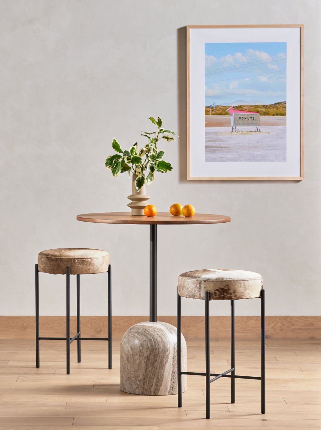 Backless Round Counter Stool Hair on Hide + Iron Base