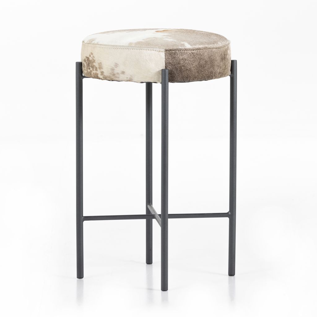 Backless Round Counter Stool Hair on Hide + Iron Base