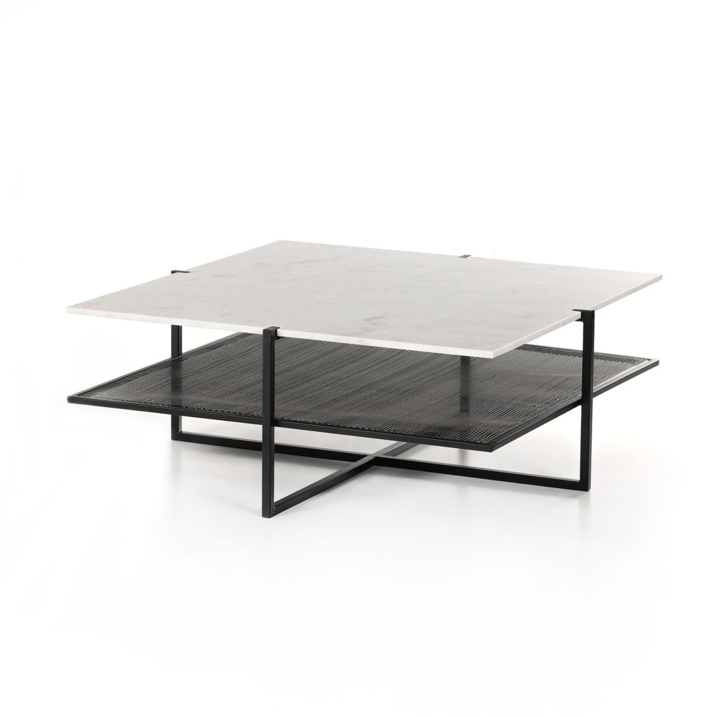 Olivia Square Coffee Table Iron Matte Black, Polished White Marble