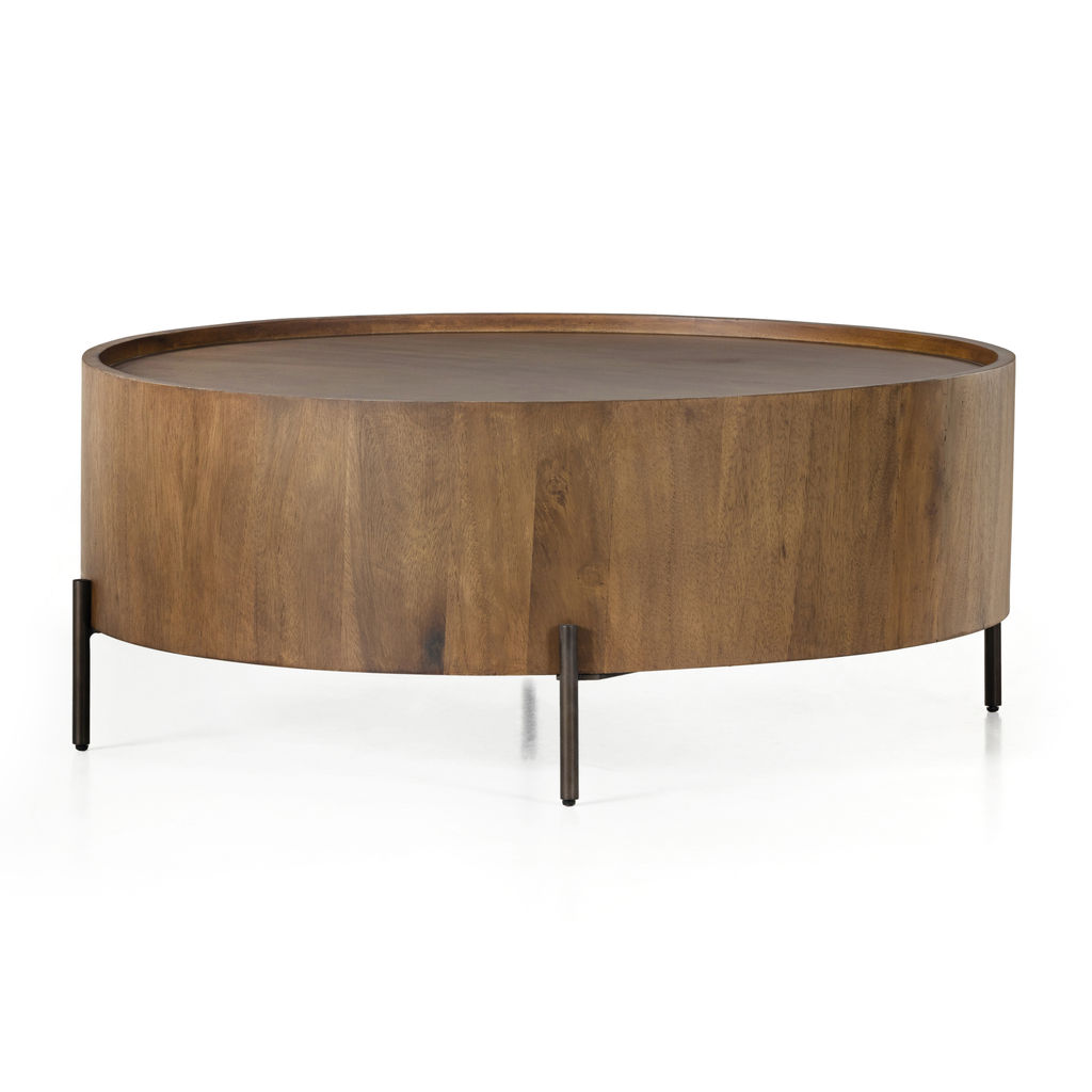 Preview image for Caramel Guanacaste Wood Drum Style Round Coffee Table Metal Legs 40 inch