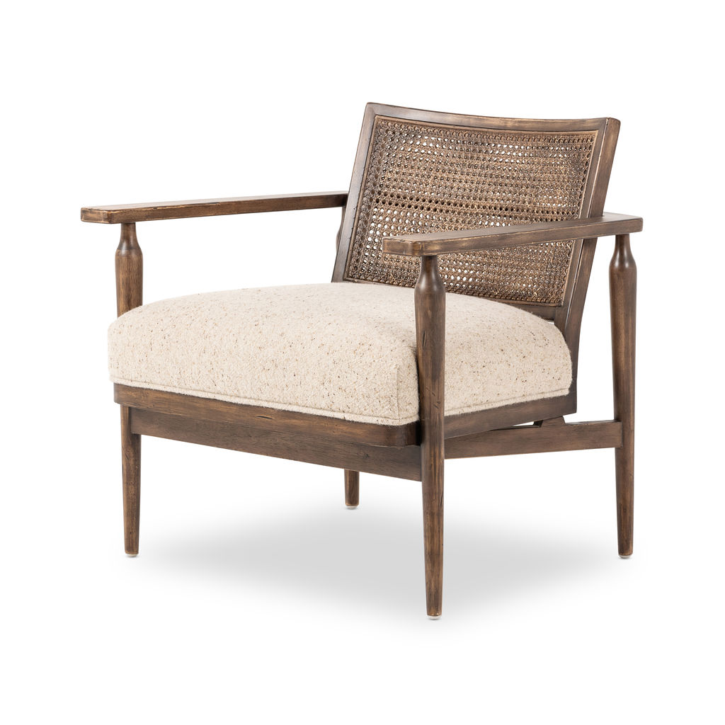 Preview image for Taupe Linen Fabric & Brown Cane Back Armchair Lounge Chair Solid Wood Frame