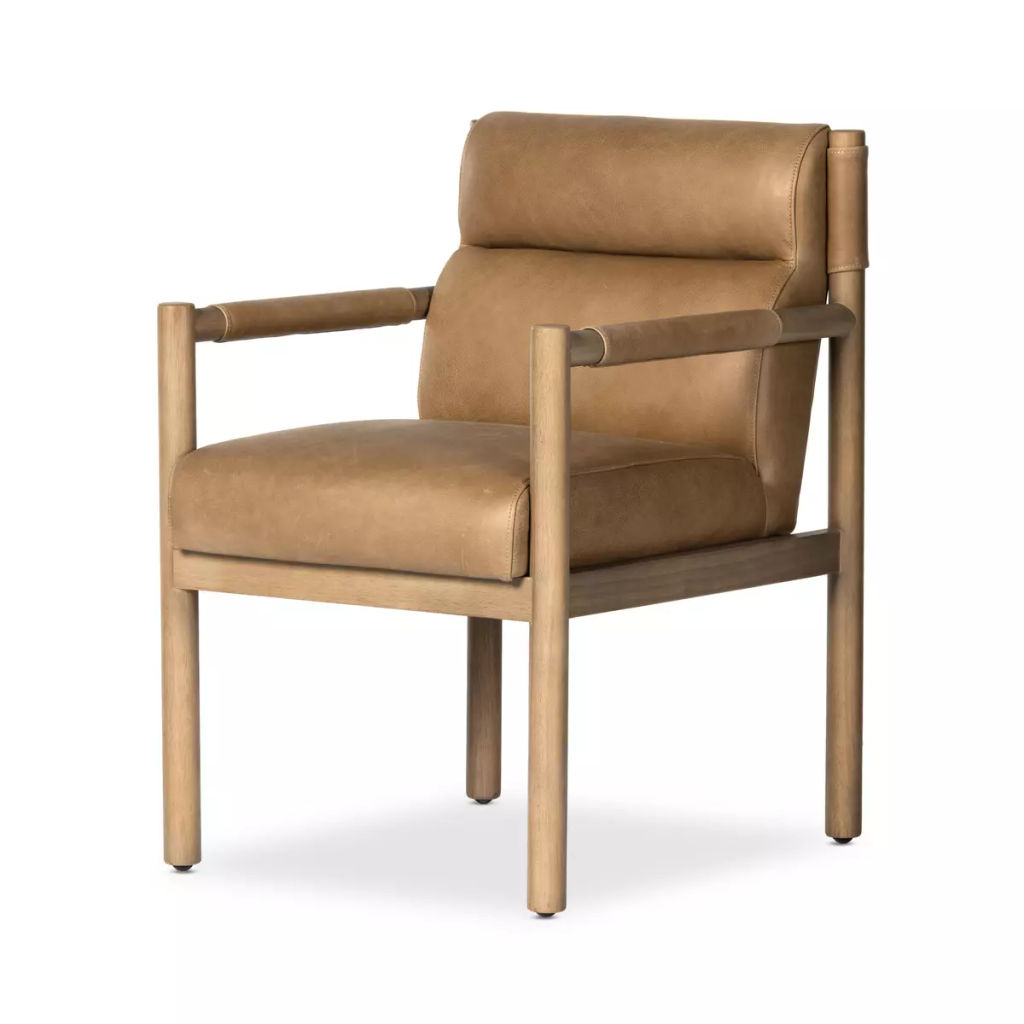 Preview image for Tan Leather Dining Chair Armchair Wood Frame
