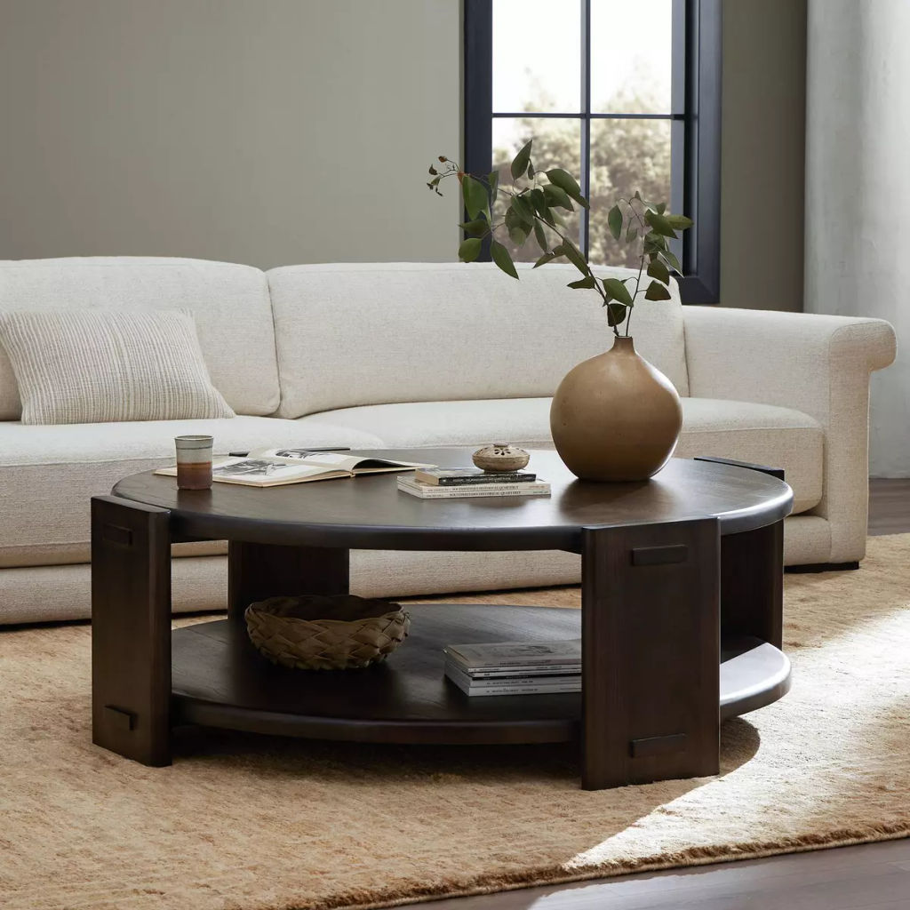 Two Tier Round Coffee Table Solid Neem Wood Dark Brown Finish 51 inch