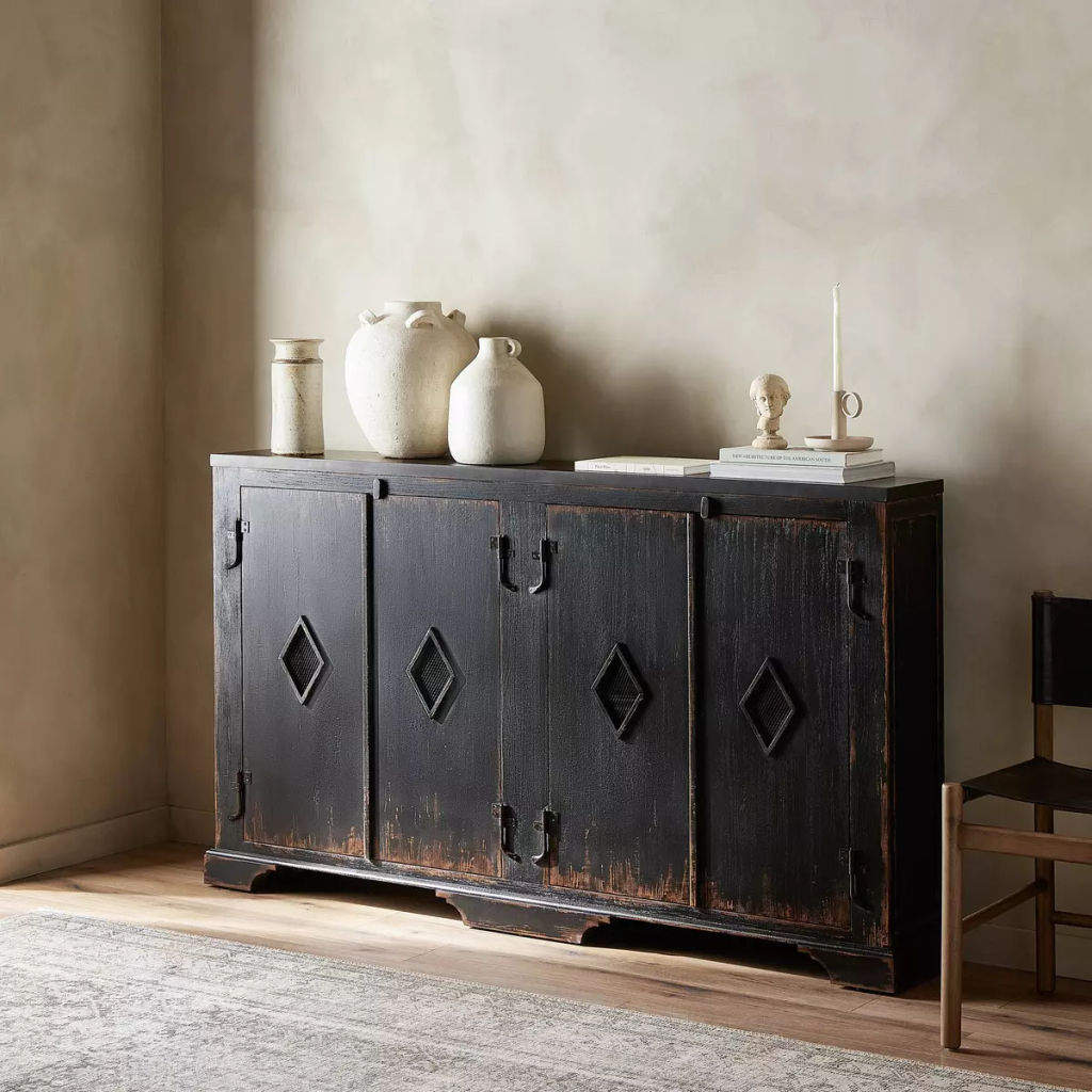 The Humptulips River Moonshine Cabinet 74.5" X 12" X 43", Distressed Burnt Black