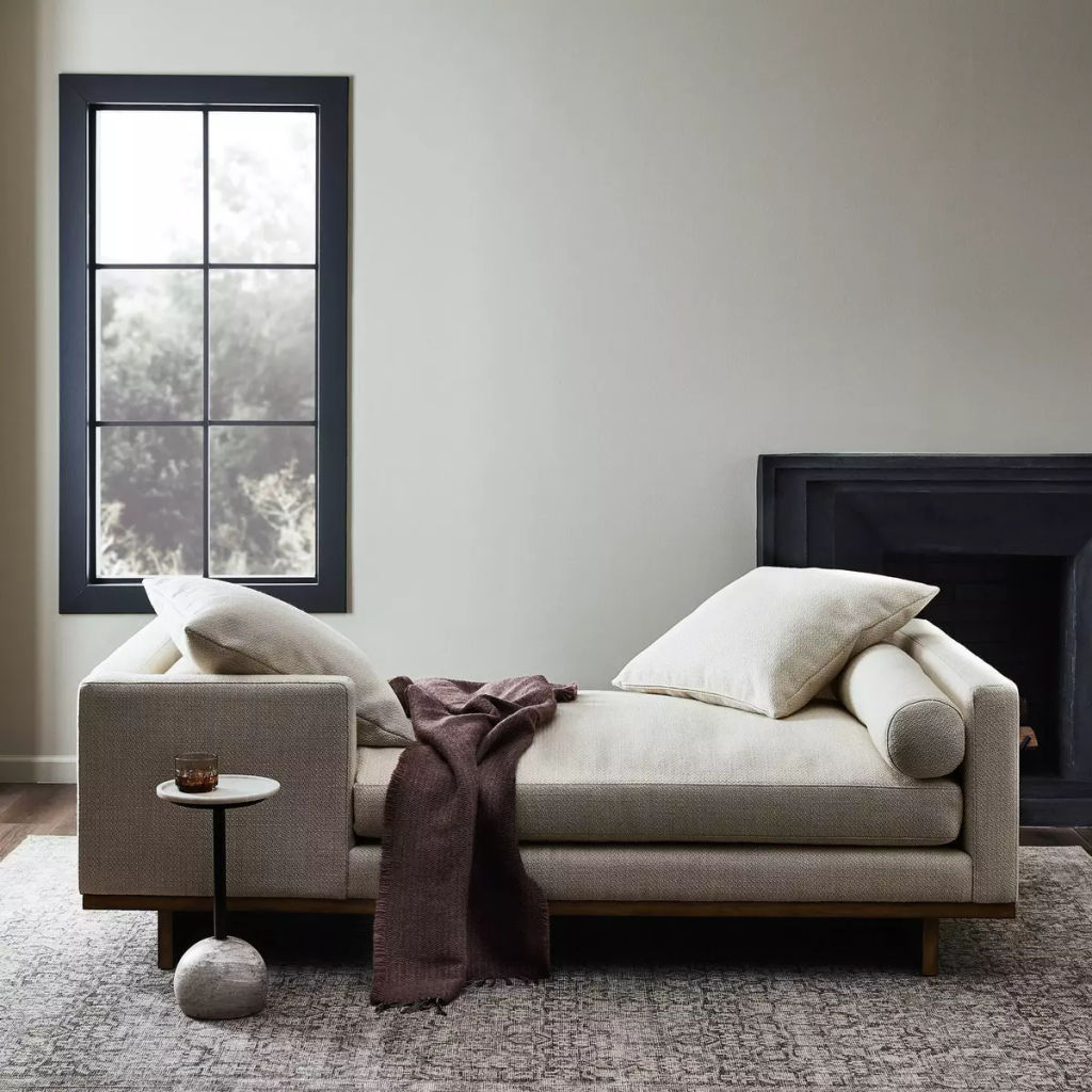 Contemporary Chaise, Neutral Taupe and Cocoa Parawood Finish
