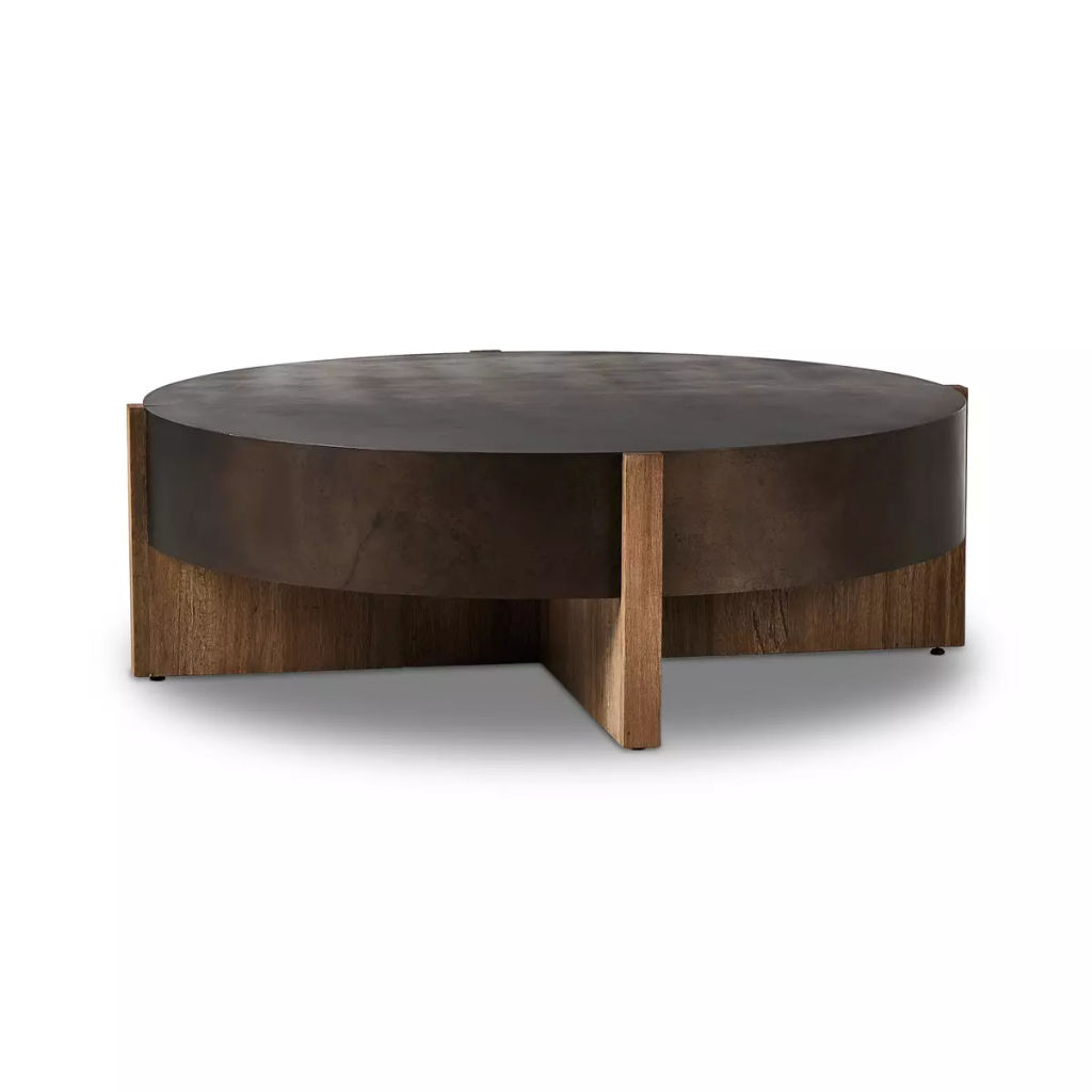 Preview image for Round Drum Style Coffee Table Rustic Oak Veneer & Distressed Iron 55 inch