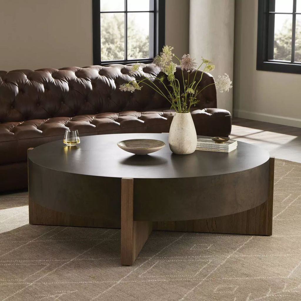 Round Drum Style Coffee Table Rustic Oak Veneer & Distressed Iron 55 inch