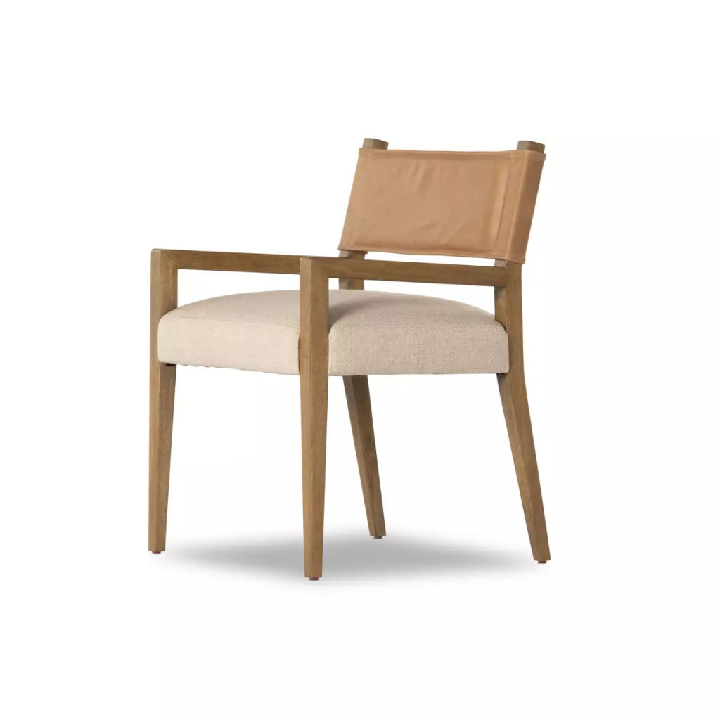 Preview image for Beige Leather Back Dining Chair Armchair Cream Performance Fabric Seat Cushion