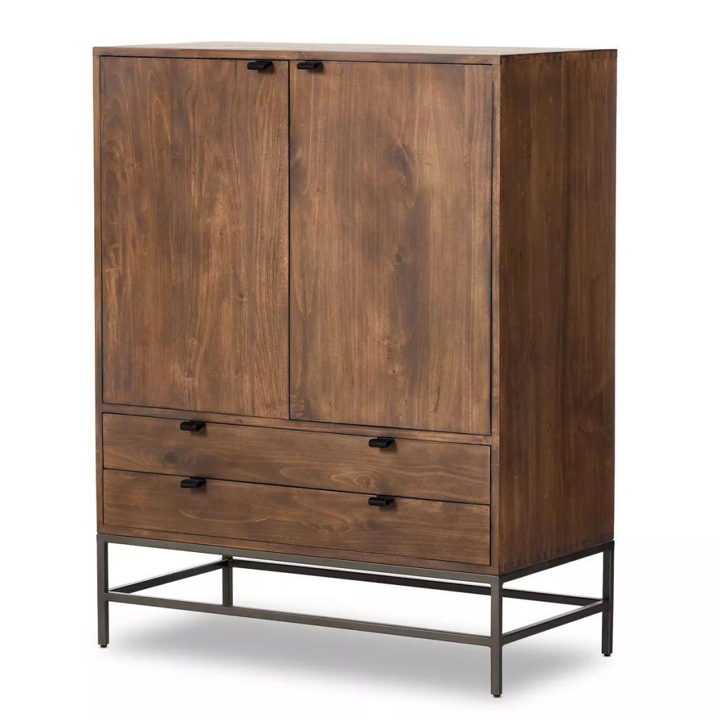 Preview image for Mid-Century Style Brown Wood Minimalist Bar Cabinet with Black Leather Pulls 40 inch