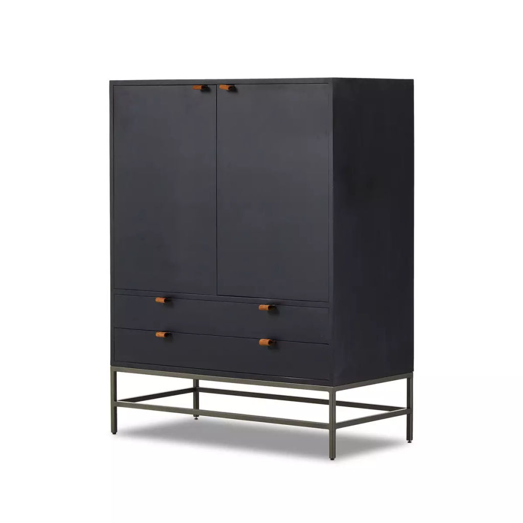 Preview image for Mid-Century Style Black Wood Minimalist Bar Cabinet with Brown Leather Pulls 40 inch