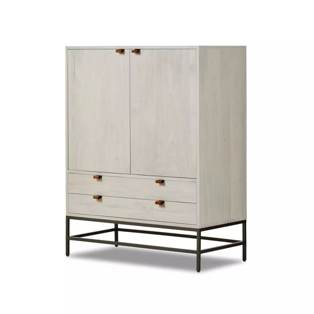 Preview image for Mid-Century Style Dove White Wood Minimalist Bar Cabinet with Brown Leather Pulls 40 inch