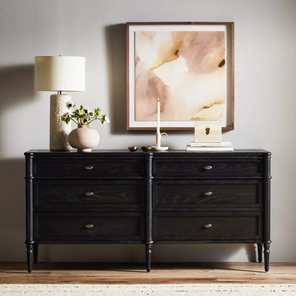 Toulouse 6 Drawer Dresser 70" X 20" X 34", Distressed Black Oak