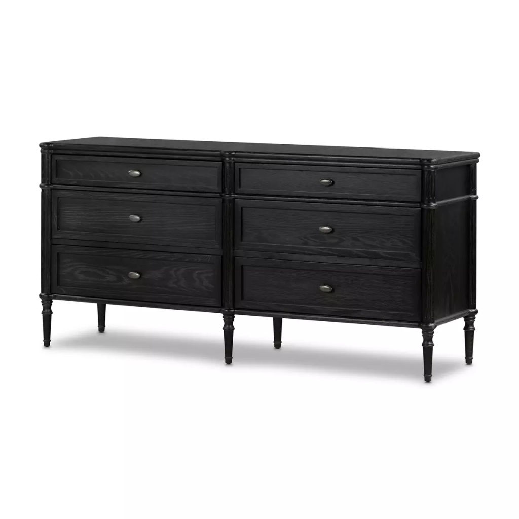 Toulouse 6 Drawer Dresser 70" X 20" X 34", Distressed Black Oak