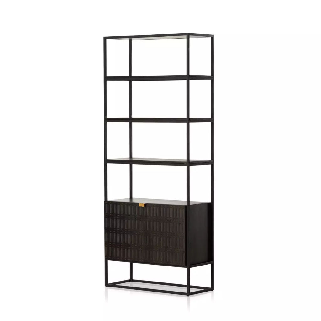 Kelby Bookcase Gunmetal, Carved Vintage Brown