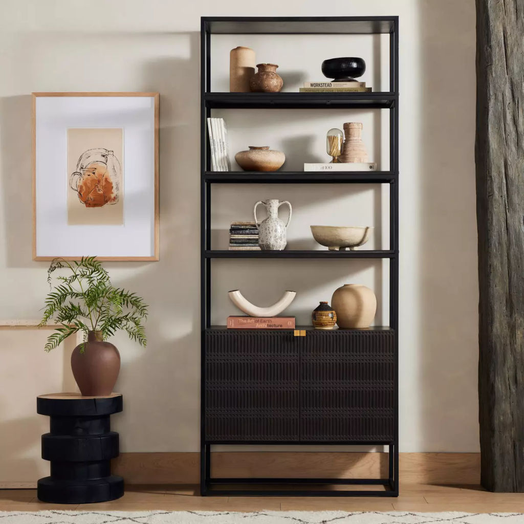 Kelby Bookcase Gunmetal, Carved Vintage Brown