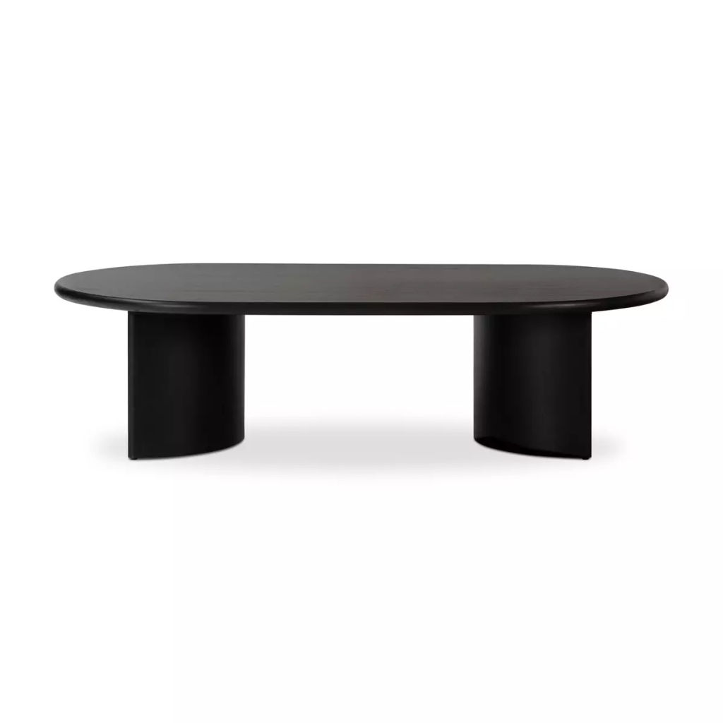 Oval Coffee Table Aged Black Acacia Wood with Crescent Shaped Legs 51 inch