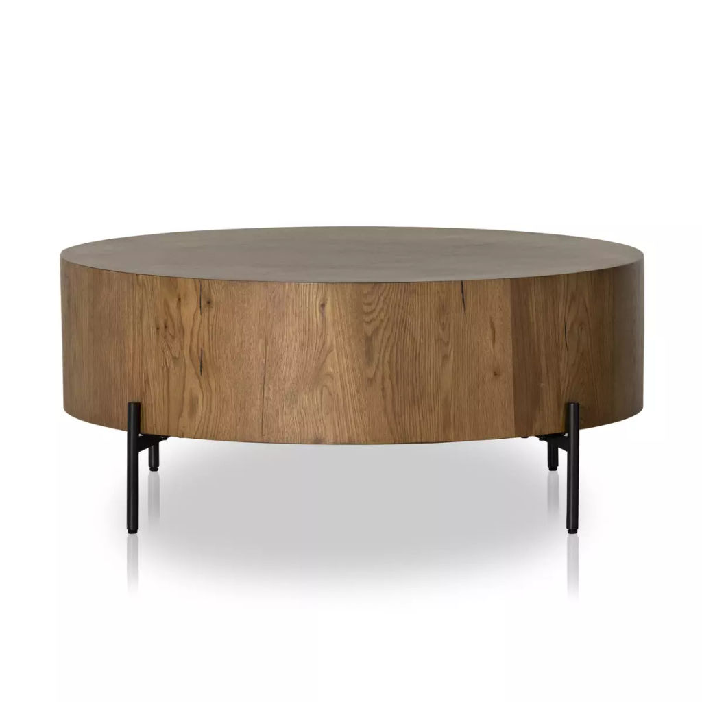 Preview image for Round Drum Coffee Table Amber Oak Wood Veneer & Gunmetal Base 38 inch