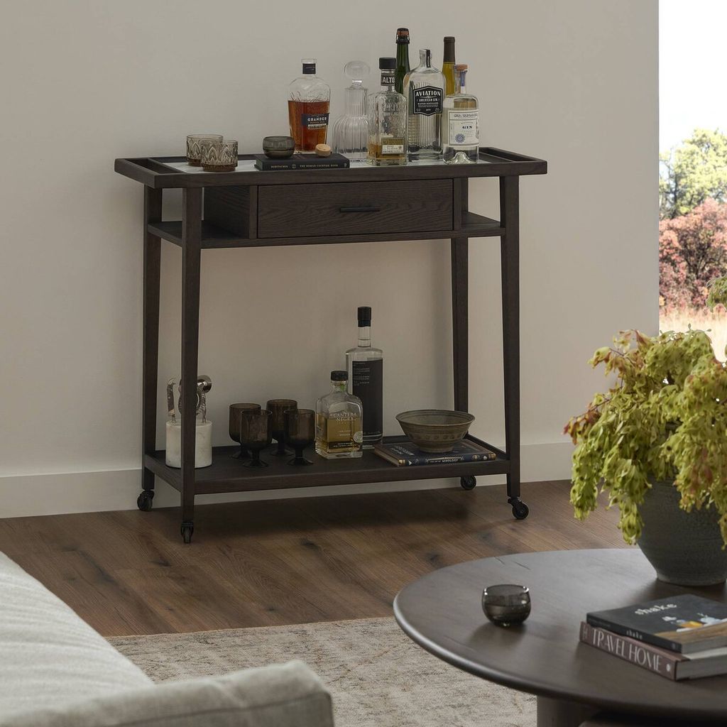 Midcentury Style Dark Brown Oak Wood White Marble Top Bar Cart Server