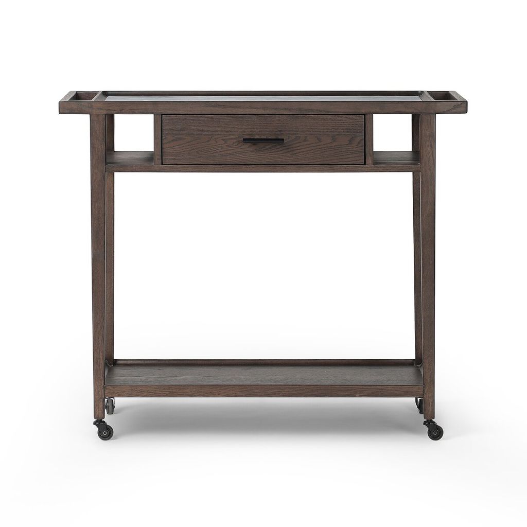 Midcentury Style Dark Brown Oak Wood White Marble Top Bar Cart Server