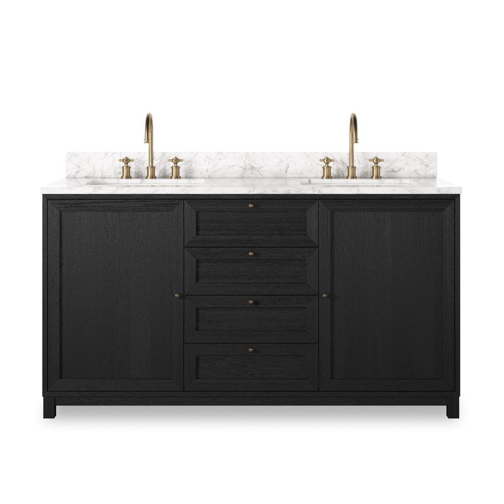 Preview image for White Carrara Marble Top Black Oak Wood Double Sink Bathroom Vanity 60 inch